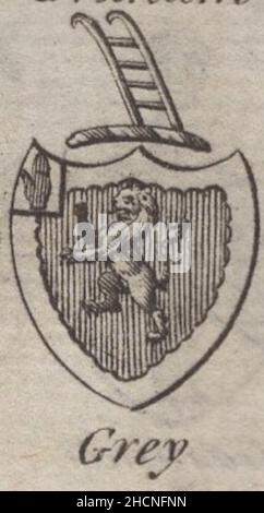 Antiker 18th-Jahrhundert-Stich heraldisches Wappen, Englisch Baronet Grey von Woodman & Mutlow fc russel Co um 1780s Quelle: Originalgravuren aus dem jährlichen Almanachbuch. Stockfoto