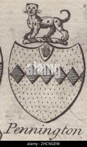 Antike Gravur aus dem 18th. Jahrhundert heraldisches Wappen, englisches Baronet von Pennington von Woodman & Mutlow fc russel Co um 1780s Quelle: Originalgravuren aus dem jährlichen Almanachbuch. Stockfoto