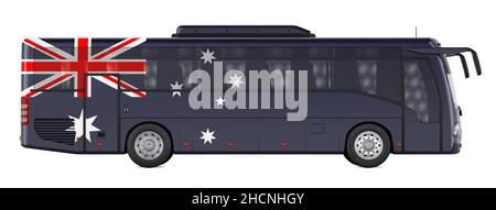 Busreisen in Australien, australische Busreisen, Konzept. 3D Darstellung isoliert auf weißem Hintergrund Stockfoto