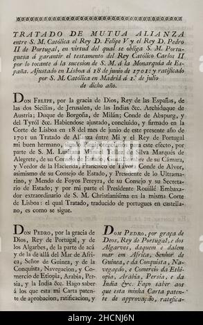 „Vertrag von Lissabon“ (1701). Vertrag über die gegenseitige Allianz zwischen Philipp V. von Spanien und Pedro II von Portugal, durch den der portugiesische Monarch verpflichtet war, den Willen von König Karl II. Hinsichtlich der Thronfolge zu garantieren. König Pedro II. Garantierte Unterstützung für Philipp V. und nicht für den Prätenders Karl von Österreich. Am 18. Juni 1701 in Lissabon unterzeichnet und am 1. Juli dieses Jahres in Madrid ratifiziert. Sammlung der Verträge über Frieden, Allianz und Handel, die von der spanischen Krone mit den ausländischen Mächten (Colección de los Tratados de Paz, Alianza, Comercio ajustados por l Stockfoto