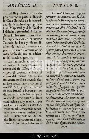 „Convention of London“ (1786). Übereinkommen zwischen dem König von Spanien und dem König von Großbritannien, das die Bestimmungen von Artikel VI des endgültigen Friedensvertrags von 1783 erläutert, erweitert und in Kraft setzt. Sie wurde am 14. Juli 1786 in London unterzeichnet und von beiden Souveränen (Karl III. Und Georg III. Von England) ratifiziert. Das Abkommen betraf den Status britischer Siedlungen an der Moskitoküste in Mittelamerika. Großbritannien evakuierte diese Siedlungen und im Gegenzug erweiterte Spanien das Gebiet, das den britischen Holzfällern auf der Yucatan-Halbinsel zur Verfügung steht. Artikel II Sammlung Stockfoto