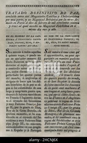 „Vertrag von Paris“ (1763). Endgültiger Friedensvertrag zwischen Großbritannien, Frankreich und Spanien. Unterzeichnet in Paris am 10. Februar 1763 vom Herzog Choiseul (Frankreich), dem Marquis de Grimaldi (Spanien) und dem Herzog von Bedford (Großbritannien). Das Abkommen führte zu einer Neuordnung der territorialen Verteilung der Kolonien, wo Großbritannien der Hauptbegünstigte war. Sammlung der Verträge über Frieden, Allianz und Handel, die von der spanischen Krone mit den ausländischen Mächten (Colección de los Tratados de Paz, Alianza, Comercio ajustados por la Corona de España con las Potencias Extranjer) angepasst wurden Stockfoto