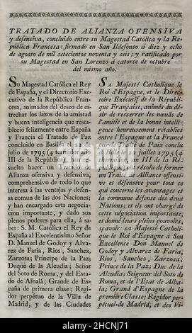 Zweiter Vertrag von San Ildefonso (18. August 1796). Vertrag über offensive und defensive Allianz, zwischen Spanien und Frankreich geschlossen. Am 14. Oktober dieses Jahres von König Karl IV. Von Spanien ratifiziert. Das Abkommen zwischen dem revolutionären Frankreich und Spanien verpflichtete beide Nationen, im Falle eines Krieges mit England gegenseitige militärische Hilfe zu leisten. Manuel Godoy auf spanischer Seite und General Catherine-Dominique de Pérignon unterzeichneten den Vertrag im Namen des französischen Direktoriums. Sammlung der Verträge über Frieden, Allianz und Handel, die von der spanischen Krone mit den ausländischen Mächten (Colección de los trat Stockfoto