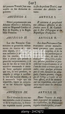 Zweiter Vertrag von San Ildefonso (18. August 1796). Vertrag über offensive und defensive Allianz, zwischen Spanien und Frankreich geschlossen. Am 14. Oktober dieses Jahres von König Karl IV. Von Spanien ratifiziert. Das Abkommen zwischen dem revolutionären Frankreich und Spanien verpflichtete beide Nationen, im Falle eines Krieges mit England gegenseitige militärische Hilfe zu leisten. Manuel Godoy auf spanischer Seite und General Catherine-Dominique de Pérignon unterzeichneten den Vertrag im Namen des französischen Direktoriums. Artikel I, II und III Sammlung der Verträge von Frieden, Allianz und Handel, die von der Krone Spaniens mit der Außenmacht angepasst wurden Stockfoto