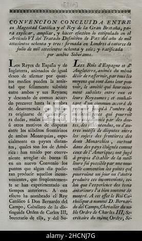 „Convention of London“ (1786). Übereinkommen zwischen dem König von Spanien und dem König von Großbritannien, das die Bestimmungen von Artikel VI des endgültigen Friedensvertrags von 1783 erläutert, erweitert und in Kraft setzt. Sie wurde am 14. Juli 1786 in London unterzeichnet und von beiden Souveränen (Karl III. Und Georg III. Von England) ratifiziert. Das Abkommen betraf den Status britischer Siedlungen an der Moskitoküste in Mittelamerika. Großbritannien evakuierte diese Siedlungen und im Gegenzug erweiterte Spanien das Gebiet, das den britischen Holzfällern auf der Yucatan-Halbinsel zur Verfügung steht. Sammlung der Trea Stockfoto