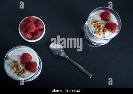 Helsinki / Finnland - 30. DEZEMBER 2021: Zwei Glasschüsseln Vanillejoghurt mit Zimtrollgranola und Himbeer-Belag Stockfoto