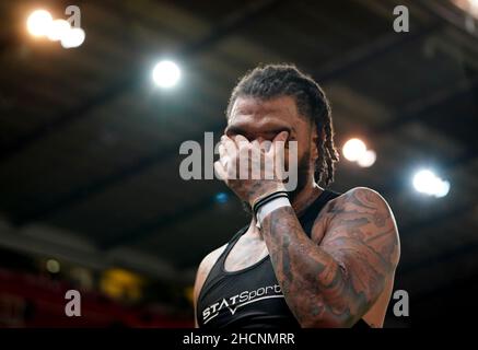 Colin Kazim-Richards von Derby County in Vollzeit nach dem Sky Bet Championship-Spiel im bet365 Stadium, Stoke-on-Trent. Bilddatum: Donnerstag, 30. Dezember 2021. Stockfoto