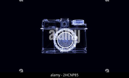 Altmodisches Hologramm der Fotokamera, das sich auf schwarzem Hintergrund dreht. Blaues Kamera-Drahtmodell, das aus Staub, kleinen Partikeln und sich drehenden Teilen erscheint Stockfoto
