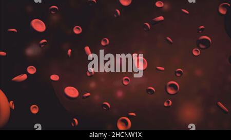3D Animation von roten Blutkörperchen, die durch die Arterie fließen. Animation von roten Blutkörperchen, die durch die Vene fließen. Blutzellen in einer Arterie. Stockfoto