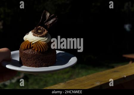 Individueller Marquise-Kuchen auf einem Teller. Dessert in einer Cafeteria im Freien. Süßgebäck-Dessert Stockfoto