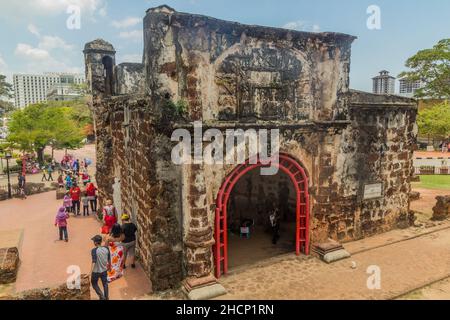 MALACCA, MALAYASIA - 19. MÄRZ 2018: Porta de Santiago Torhaus Einer Famosa Festung in Malacca Melaka, Malaysia Stockfoto