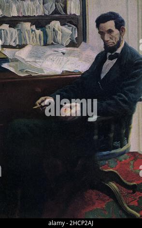 Die Bildunterschrift lautet: 'Lincoln von der Malerei von Howard Pyle'. Abraham Lincoln war der Präsident der Vereinigten Staaten von 16th. Er diente vom 1861. März bis zu seiner Tötung am 15. April 1865. Howard Pyle (gestorben 1911) war ein amerikanischer Illustrator und Autor, hauptsächlich von Büchern für junge Menschen. Am 21. Februar 1861 kam der designierte Präsident Abraham Lincoln in Philadelphia auf dem Weg nach Washington, D.C., an. Nach einem 34-Kanonen-Gruß ritt er vom Depot in einem offenen Wagen, der von vier weißen Pferden gezogen wurde, zum Continental Hotel, wie ihn überall von 100.000 bis zu einer Viertelmillion Menschen jubelten Stockfoto