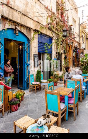 Drei Kätzchen, die vor Einem Café in der Innenstadt von Amman, Amman, Jordanien, sitzen. Stockfoto