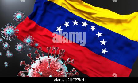 Venezuela Bolivarische Republik und die kovidische Pandemie - Coronavirus greift seine Nationalflagge an, um den Kampf mit dem Virus in diesem Land zu symbolisieren, Stockfoto