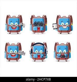 Rucksack Kinder Zeichentrickfigur spielen Spiele mit verschiedenen niedlichen Emoticons. Vektorgrafik Stock Vektor