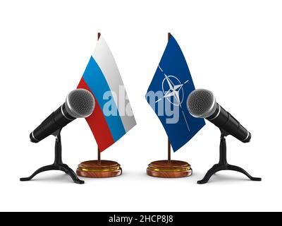 Beziehungen zwischen Russland und der Organisation des Nordatlantikvertrags auf weißem Hintergrund. Isolierte 3D-Abbildung Stockfoto