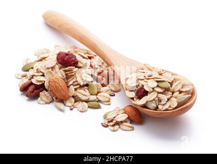 Haufen Müsli mit Holzlöffel Stockfoto