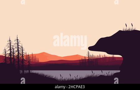 Fantastische Aussicht auf die Berge mit Dorf trockenen Baum Silhouette bei Sonnenaufgang .Vektor-Abbildung einer Stadt Stock Vektor