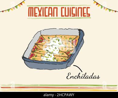 Enchilada – traditionelle mexikanische Küche. Vektorfarbe vintage gravierte Illustration für Menü, Poster, Web. Isoliert auf weißem Hintergrund. Minimalistisch gefärbt Stock Vektor