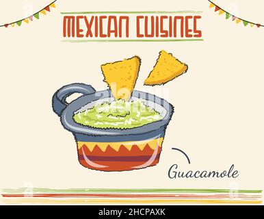 Mexikanisches Essen Guacamole mit Nachos. Heilige Guacamole, nationaler Guacamole-Tag. Mexikanische isolierte Gericht farbigen Vektor-Doodle Stock Vektor