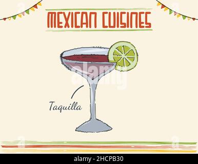 Mexikanisches Tequila-Glas, ein Cocktail, ein Glas des berühmten mexikanischen Getränks. Vektor-Zeichnung mexikanische isolierte Schale farbigen Vektor Doodle. Mexikanische Küche Stock Vektor