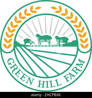 Modernes farbenfrohes GRÜNES HÜGELLANDSCHAFT-KUH-Logo-Design Stock Vektor