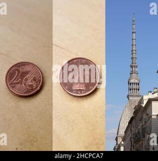 Brüssel, Den 8. November. 1st Januar 2002. Combo-Foto zeigt die Vorderseite der 2-Cent-Münze in Rom, Italien, am 30. Dezember 2021, das Mole Antoneliana-Muster auf der Rückseite der 2-Cent-Münze in Rom, Italien, am 30. Dezember 2021 und die Mole Antoneliana in Turin, Italien, am 8. November 2021 (von L bis R). Euro-Banknoten und -Münzen wurden am 1. Januar 2002 physisch in die im Umlauf befindlichen Länder der Eurozone eingeführt. Das kommende neue Jahr 2022 markiert den 20th. Jahrestag der Auflage des Euro. Quelle: Jin Mamengni/Xinhua/Alamy Live News Stockfoto