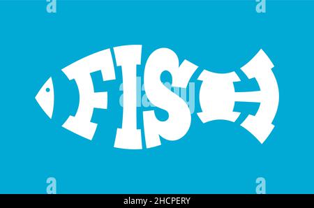 Wortfisch in Form eines Fisches. Blauer Hintergrund. Frische Meeresfrüchte. Gesunde Ernährung. Fischlogo, Schild oder Symbol. Typografie, Schriftzüge eines Meeresfrüchtemenüs. Stock Vektor