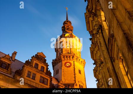 Dresden: Schloss Dresden, Turm Hausmannsturm, in Sachsen, Sachsen, Deutschland Stockfoto