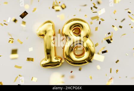18 Jahre alt. Gold Ballons Zahl 18th Jahrestag, alles gute zum Geburtstag Herzlichen Glückwunsch. Stockfoto
