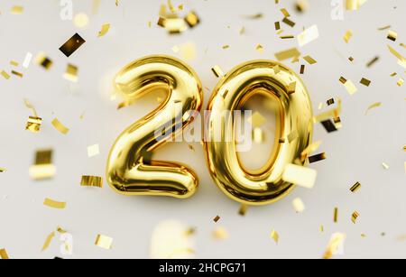 20 Jahre alt. Gold Ballons Zahl 20th Jahrestag, alles gute zum Geburtstag herzlichen Glückwunsch Stockfoto