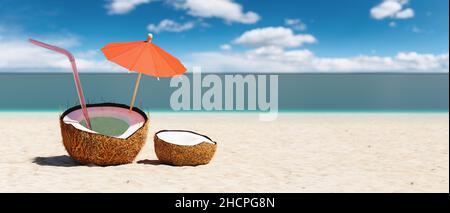 Tropisches Strandkonzept aus Kokosnussfrüchten und Sonnenschirm. Kreative, minimale Sommeridee, Platz zum Kopieren für individuellen Text Stockfoto