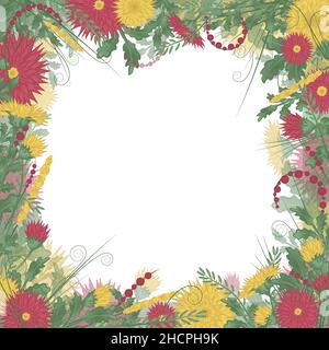 Quadratischer Blumenrahmen mit Chrysanthemen und Kräutern. Kranz mit roten und gelben Blüten Stockfoto