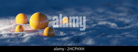 Gelbe Kugeln auf Schnee in der Winternacht. Abstract 3D Hintergrund. Geringe Schärfentiefe. 3D Rendern. Stockfoto