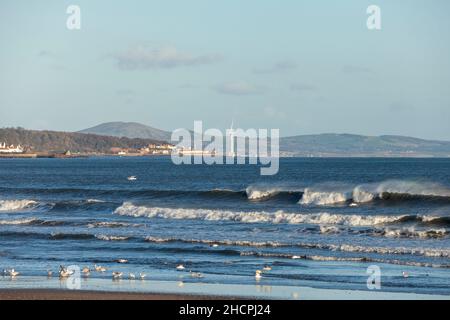 Blick auf das Meer von der Strandpromenade in Kirkcaldy, Fife, Schottland Stockfoto