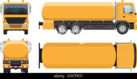 Tankwagen Vektor-Vorlage mit einfachen Farben ohne Verläufe und Effekte. Ansicht von der Seite, vorne, hinten und oben Stock Vektor