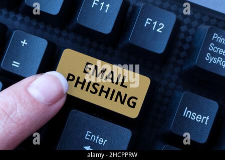 Textüberschrift mit E-Mail-Phishing. Wort, das auf E-Mails geschrieben wird, die Links zu Websites enthalten, die Malware Typing Device Instruction Manual verbreiten Stockfoto