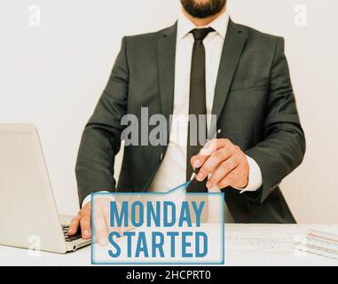 Textschild zeigt Montag gestartet an. Geschäftsidee Vorbereitung auf die neue Woche Pause ist vorbei, können beginnen Arbeit Remote Office Work Online-Präsentation Stockfoto