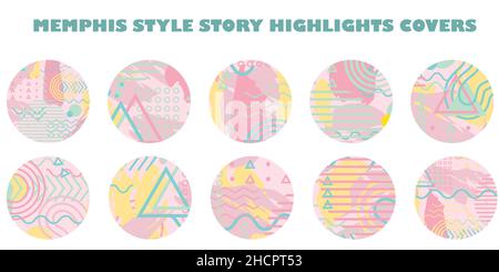 Vector Memphis Design Stil Social Media Geschichte Highlight deckt. Lustige handgezeichnete Symbole mit handgezeichneten Pinselstrichen, Dreiecken, Wellen, Zickzack Stock Vektor