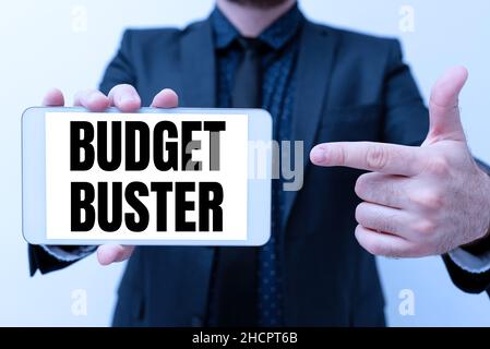 Hand schreiben Zeichen Budget Buster. Internet-Konzept Sorgenfreie Ausgaben Schnäppchen Unnötige Einkäufe Überausgaben Präsentation Neuer Technologie-Ideen Stockfoto