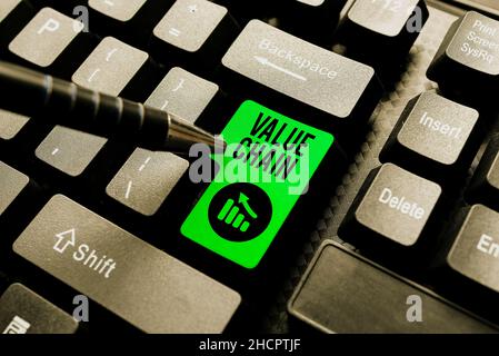 Text mit Inspiration Value Chain. Überblick über das Unternehmen eine Reihe von funktionalen Aktivitäten, die das Produkt wertvoller machen Genauigkeit beim Tippen mit Geschwindigkeit üben Stockfoto