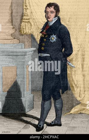 Ferdinand VII. (1784-1833). König von Spanien (1808-1833). Hochformat. Illustration von Zarza. Gravur von Capuz. Spätere Färbung. Historia General de España von Pater Mariana. Madrid, 1853. Stockfoto