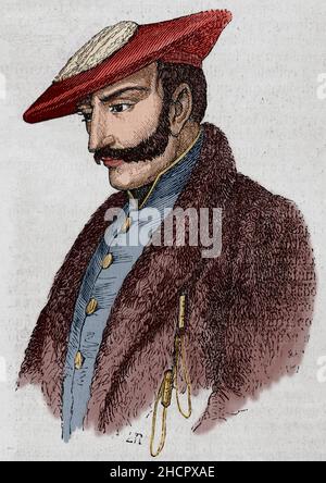 Tomás Zumalacárregui (1788-1835). Spanisches Militär. Beim Ausbruch des Ersten Karlistenkrieges (1833-1840) trat er der Armee des Prätenders Don Carlos bei und erreichte den Rang eines Generals. Er starb während der Belagerung der Stadt Bilbao. Hochformat. Gravur. Spätere Färbung. Historia General de España von Pater Mariana. Madrid, 1853. Stockfoto