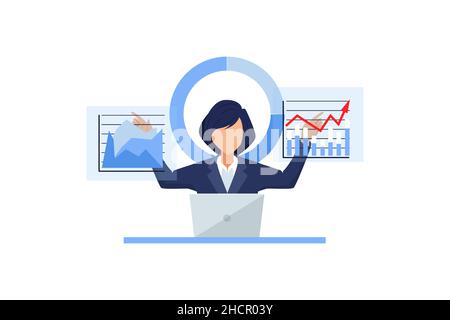 Vektor einer Geschäftsfrau, die am Laptop-Computer arbeitet und Finanzkarten analysiert Stock Vektor