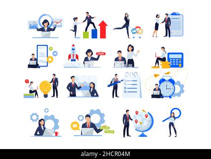 Vektor des modernen Geschäftskonzepts Ikonen von Startup, Zeitmanagement, Social Network, Finanzdatenanalyse, Börsenforschung und Teambuilding Stock Vektor