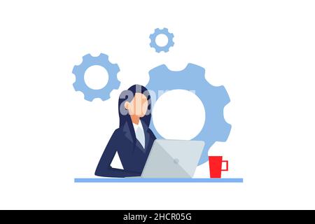 Vektor einer Geschäftsfrau, die am Schreibtisch sitzt und am Laptop arbeitet Stock Vektor