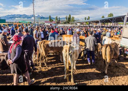 KARAKOL, KIRGISISTAN - 15. JULI 2018: Blick auf den Tiermarkt in Karakol. Stockfoto