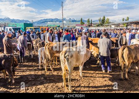 KARAKOL, KIRGISISTAN - 15. JULI 2018: Blick auf den Tiermarkt in Karakol. Stockfoto