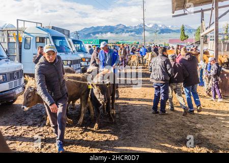 KARAKOL, KIRGISISTAN - 15. JULI 2018: Blick auf den Tiermarkt in Karakol. Stockfoto