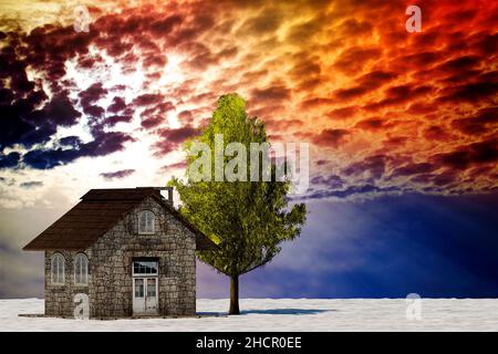 Die 3D Rendering Baum und Haus in voller Blatt im Winter gegen Himmel Stockfoto